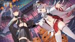  2girls :d ahoge azur_lane bare_shoulders black_hair black_headwear black_legwear black_shirt black_skirt breasts brown_eyes crop_top crop_top_overhang dutch_angle ghost hair_ribbon halloween hat hat_removed headwear_removed hibiki_(azur_lane) high-waist_skirt high_ponytail highres horns isuzu_(azur_lane) long_hair long_sleeves looking_at_viewer midriff miniskirt mo_(428clv) multiple_girls navel off_shoulder official_art open_clothes open_mouth outstretched_arms peaked_cap pleated_skirt ponytail pumpkin red_eyes red_skirt retrofit_(azur_lane) revealing_clothes ribbon sarashi shirt silver_hair skirt small_breasts smile standing stomach suspenders thigh-highs v-shaped_eyebrows very_long_hair white_legwear wide_sleeves zettai_ryouiki 