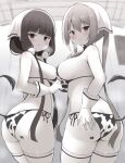 2girls animal_print ass bandana barcode blend_s breasts breath commentary_request cow_print cow_tail cowboy_shot from_behind gloves greyscale hanetu head_scarf hinata_kaho large_breasts long_hair looking_at_viewer looking_back low_twintails medium_breasts monochrome multiple_girls sakuranomiya_maika standing tail thigh-highs twintails 