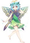  1girl :d absurdres antennae bangs barefoot blue_hair blush brown_eyes butterfly_wings caramell0501 commentary dress eternity_larva eyebrows_visible_through_hair full_body green_dress hair_between_eyes hair_ornament hand_up highres leaf_hair_ornament looking_at_viewer open_mouth pleated_dress simple_background sleeveless sleeveless_dress smile solo sparkle symbol_commentary touhou white_background wings 
