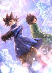 2boys ;) ankle_boots back-to-back backlighting black_eyes black_gloves black_hair black_legwear blue_coat blue_footwear boots clenched_teeth coat covered_mouth day dragon_ball dragon_ball_super dragon_ball_super_broly dutch_angle facing_away frown full_body gloves grin hand_in_pocket high_collar highres ice interlocked_fingers legs_apart light_particles light_rays looking_at_viewer male_focus mattari_illust messy_hair mountain multiple_boys one_eye_closed orange_pants outdoors outstretched_arms own_hands_together pants profile serious smile snow son_goku standing stretch sunlight teeth twitter_username vegeta vignetting white_footwear winter_clothes winter_coat 