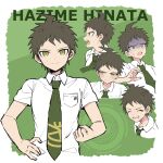  1boy ahoge angry bangs blush border breast_pocket brown_hair character_name closed_eyes closed_mouth collared_shirt commentary_request dangan_ronpa_(series) dangan_ronpa_2:_goodbye_despair green_background green_eyes green_neckwear hand_on_hip highres hinata_hajime looking_at_viewer male_focus multiple_views necktie open_mouth pocket profile shaded_face shirt short_hair smile sweat takagiri upper_body white_border white_shirt 