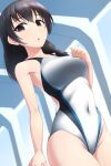  1girl black_hair breasts brown_eyes commentary_request competition_swimsuit covered_navel cowboy_shot fujiwara_hajime hair_over_shoulder highres idolmaster idolmaster_cinderella_girls long_hair looking_at_viewer medium_breasts one-piece_swimsuit pataneet solo swimsuit white_swimsuit 