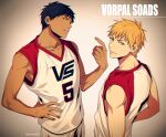  2boys aomine_daiki bangs basketball_uniform beckoning black_eyes black_hair blonde_hair clothes_writing collarbone commentary_request dark_skin dark_skinned_male earrings gradient gradient_background grey_background hand_on_hip hand_up head_tilt jewelry kise_ryouta kuroko_no_basuke looking_at_viewer male_focus mashima_shima multiple_boys number parted_lips shirt short_hair shorts sleeveless sleeveless_shirt smile smirk sportswear twitter_username upper_body white_shirt white_shorts yellow_eyes 