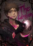  1boy black_gloves black_hoodie black_jacket blood blood_on_face bloody_clothes brown_eyes brown_hair collarbone commentary_request cosplay dangan_ronpa_(series) dangan_ronpa_2:_goodbye_despair dead_by_daylight doggye_(zginrwsn) gloves highres hinata_hajime holding holding_mask hood hood_down hoodie jacket long_sleeves looking_at_viewer male_focus mask mask_removed pink_blood short_hair smile solo spiky_hair the_legion_(dead_by_daylight) the_legion_(dead_by_daylight)_(cosplay) upper_body 