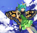  1girl :d antennae aqua_hair bangs black_capelet blue_sky bug butterfly butterfly_on_hand butterfly_wings capelet clouds commentary_request dress eternity_larva eyebrows_visible_through_hair feet_out_of_frame green_dress hair_between_eyes hair_ornament highres insect kaigen_1025 kariyushi_shirt leaf leaf_hair_ornament leaf_on_head leaning_to_the_side looking_at_viewer multicolored multicolored_clothes multicolored_dress open_mouth orange_eyes short_dress short_hair short_sleeves sidelocks sky smile solo touhou turtleneck wings yellow_butterfly yellow_wings 