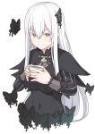  1girl bangs black_capelet black_dress blush breasts butterfly_hair_ornament capelet closed_mouth cup dress echidna_(re:zero) hair_between_eyes hair_ornament large_breasts long_hair long_sleeves looking_at_viewer re:zero_kara_hajimeru_isekai_seikatsu shiseki_hirame silver_hair simple_background smile striped tea teacup vertical-striped_dress vertical_stripes violet_eyes white_background white_eyelashes 