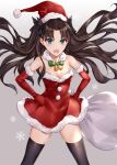  1girl asle bangs black_hair blue_eyes blush christmas dress fate/stay_night fate_(series) fur-trimmed_dress fur-trimmed_headwear fur_trim gloves hat long_hair looking_at_viewer open_mouth red_dress red_gloves red_headwear sack santa_costume santa_hat tohsaka_rin two_side_up 