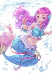  1girl :d absurdres bangs blue_eyes bubble full_body hair_ornament highres jewelry laura_(precure) long_hair looking_at_viewer mermaid midriff monster_girl navel necklace open_mouth pearl_necklace pink_hair precure shuu_(mniarnoakou) sleeveless smile solo star_(symbol) tropical-rouge!_precure twitter_username underwater 