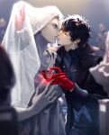  1boy amamiya_ren bangs black_coat black_hair black_pants closed_eyes coat gem gloves hair_between_eyes heart highres imminent_kiss long_sleeves male_focus pants parted_lips persona persona_5 red_gloves robe signature solo statue tang_xinzi veil 