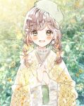  1girl :d blush bow braid brown_eyes brown_hair day green_headwear hair_bow hands_together japanese_clothes kimono looking_at_viewer open_mouth original outdoors smile tilted_headwear twin_braids upper_body wildtono yellow_kimono 