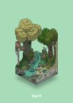  absurdres all_fours animal boulder bush commentary diorama drinking gozz highres isometric moss original river rock tree 
