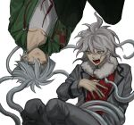  2boys ansatsu_kyoushitsu bangs collarbone commentary_request cosplay costume_switch dangan_ronpa_(series) dangan_ronpa_2:_goodbye_despair doggye_(zginrwsn) feet_out_of_frame fur_collar green_jacket green_pants grey_hair grey_jacket grey_pants grey_shirt hair_between_eyes hand_on_own_chest highres horibe_itona horibe_itona_(cosplay) jacket komaeda_nagito komaeda_nagito_(cosplay) long_sleeves looking_at_another male_focus medium_hair multiple_boys open_clothes open_jacket open_mouth pants print_shirt red_shirt shirt short_hair simple_background tentacles upside-down white_background yellow_eyes 