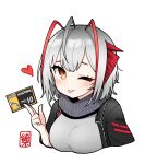  1girl ;p antennae arknights bangs black_jacket black_scarf demon_horns grey_hair grey_shirt heart horns jacket junsuina_fujunbutsu light_blush one_eye_closed open_clothes open_jacket red_eyes scarf shirt short_hair signature simple_background smile solo tongue tongue_out upper_body w_(arknights) white_background 