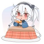  1girl absurdres chibi dark_skin dark-skinned_female food fruit full_body glasses hair_between_eyes happi highres japanese_clothes kantai_collection kotatsu looking_at_viewer mandarin_orange musashi_(kantai_collection) red_eyes short_hair_with_long_locks simple_background solo table triangle_mouth twintails white_background yunamaro 