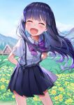  1girl blue_hair blush closed_eyes field flower flower_field furude_rika higurashi_no_naku_koro_ni long_hair luffy123 outdoors smile solo 