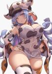  1girl animal_ears animal_print blue_hair breasts cow_hat cow_print earrings granblue_fantasy hands_on_hips highres horns jewelry large_breasts long_hair see-through_shirt shatola_(granblue_fantasy) thick_thighs thigh-highs thighs wide_sleeves yasojima_nejiro 