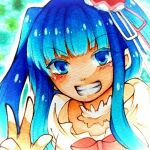  1girl bangs blue_eyes blue_hair choker eyebrows_visible_through_hair furudo_erika green_background grin pink_ribbon polka_dot polka_dot_background red_ribbon ribbon shin_(shin19861004) smile solo straight_hair teeth traditional_media twintails umineko_no_naku_koro_ni white_choker white_ribbon 