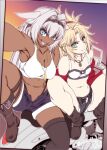  2girls animal_ears arm_up blonde_hair blue_eyes boots breasts caenis_(fate) commentary_request crop_top dark_skin dated denim denim_shorts fate/grand_order fate_(series) green_eyes ground_vehicle hair_between_eyes hair_ornament hair_scrunchie hairband hisahiko long_hair medium_breasts mordred_(fate) mordred_(fate)_(all) motor_vehicle motorcycle multiple_girls navel open_mouth pink_hair ponytail scrunchie self_shot shorts single_thighhigh sitting small_breasts smile thigh-highs 