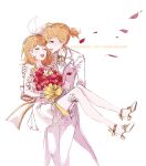  1boy 1girl anniversary bangs bare_shoulders blonde_hair blue_eyes bouquet bow carrying character_name closed_eyes commentary dress earrings falling_petals flower formal frilled_dress frills hair_bow hair_ornament hairclip high_heels highres holding holding_bouquet jewelry kagamine_len kagamine_rin looking_at_viewer nagisa2017mine necktie open_mouth pants petals princess_carry red_flower red_rose rose short_hair short_ponytail sleeveless sleeveless_dress smile standing strapless strapless_dress suit swept_bangs vocaloid white_background white_bow white_dress white_footwear white_pants white_suit yellow_neckwear 
