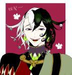  1boy alternate_hairstyle ashiya_douman_(fate) asymmetrical_clothes asymmetrical_hair bell black_eyes black_hair close-up curly_hair earrings face fate/grand_order fate_(series) green_eyeshadow green_kimono green_lipstick hair_bell hair_between_eyes hair_intakes hair_ornament japanese_clothes jewelry kimono lipstick magatama magatama_earrings makeup male_focus miri1120 multicolored_hair open_clothes open_kimono shikigami solo two-tone_hair white_hair 