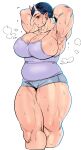  curvy elf-san_wa_yaserarenai. fat highres horns long_eyelashes looking_at_viewer looking_to_the_side muscular muscular_female oga-san oni oni_horns plump pointy_ears short_hair short_ponytail short_shorts shorts skin-covered_horns solo spaghetti_strap sweat synecdoche thick_thighs thighs toned visible_air white_background yellow_eyes 