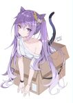  1girl absurdres bare_shoulders bent_over box braid breasts cardboard_box cat_tail closed_mouth collarbone expressionless genshin_impact hair_ears hair_ornament highres in_box in_container keqing_(genshin_impact) long_hair looking_at_viewer off_shoulder purple_hair shirt short_sleeves simple_background small_breasts solo tail tail_raised twintails verslll very_long_hair violet_eyes white_background white_shirt wristband 