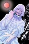  1boy akudama_drive bandaged_hand blurry blurry_background collar cutthroat_(akudama_drive) emem_uzuma9 highres holding holding_knife knife male_focus mole mole_under_eye moon night open_mouth outdoors outstretched_hand red_moon solo tongue tongue_out violet_eyes weapon white_hair 