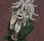  1boy bangs brown_pants coat collarbone commentary_request cowboy_shot crazy_eyes dangan_ronpa_(series) dangan_ronpa_2:_goodbye_despair doggye_(zginrwsn) dutch_angle finger_in_mouth green_coat grey_hair hair_between_eyes halftone halftone_background hands_on_own_face hands_up highres komaeda_nagito long_sleeves male_focus nail_polish open_clothes open_coat open_mouth pants print_shirt red_nails shirt solo sweat white_shirt 