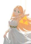  1girl bare_shoulders blonde_hair bracelet breasts dress green_eyes highres huang_(volt0526) jewelry long_hair looking_at_viewer medium_breasts orange_nails parted_lips pointy_ears princess_zelda reaching_out sash solo strapless strapless_dress the_legend_of_zelda the_legend_of_zelda:_breath_of_the_wild triforce very_long_hair white_background white_dress wind 