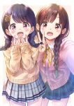  2girls :d bashosho black_hair blue_skirt blush braid brown_eyes brown_hair brown_sweater cardigan collared_shirt commentary_request cowboy_shot dress_shirt fangs fukumaru_koito hair_ornament hairclip hands_up idolmaster idolmaster_shiny_colors long_hair long_sleeves looking_at_viewer low_twintails multiple_girls neck_ribbon open_mouth pink_cardigan plaid plaid_skirt pleated_skirt reaching_out ribbon school_uniform self_shot shirt skirt sleeves_past_wrists smile sonoda_chiyoko standing sweater twin_braids twintails v very_long_hair violet_eyes white_shirt x_hair_ornament yellow_ribbon 