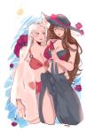  2girls artist_name bathrobe bikini blush breasts brown_hair closed_mouth cute dorothea_arnault edelgard_von_hresvelg fire_emblem fire_emblem:_three_houses fire_emblem:_three_houses fire_emblem_16 fire_emblem_heroes flower flower_hat green_eyes hibiscus intelligent_systems long_hair mlkinis moe nintendo o-ring_bikini o-ring_top open_mouth parted_lips popsicle purple_bikini_top red_bikini smile summer sun sun_hat super_smash_bros. swimsuit violet_eyes water watermelon watermelon_bar white_hair 