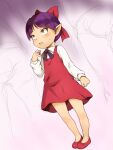 1girl blush bow dress e10 gegege_no_kitarou hair_bow looking_at_viewer multiple_boys nekomusume open_mouth pointy_ears purple_hair red_bow red_dress short_hair simple_background yellow_eyes 