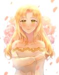  1girl arm_at_side bangs bare_shoulders blonde_hair blush cfengart dress flower hand_on_own_arm looking_at_viewer parted_bangs petals psyche_callista simple_background smile solo upper_body white_background yellow_eyes your_throne 
