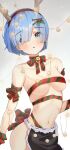  1girl antlers apron bangs bare_shoulders bell blue_eyes blue_hair blush breasts christmas collarbone commentary cowboy_shot dopoing eyebrows_visible_through_hair hair_ornament hair_over_one_eye hairband looking_at_viewer medium_breasts navel open_mouth re:zero_kara_hajimeru_isekai_seikatsu rem_(re:zero) short_hair solo stomach striped under_boob x_hair_ornament 