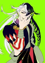  1boy ashiya_douman_(fate) asymmetrical_clothes asymmetrical_hair black_eyes black_hair curly_hair earrings evil_smile fate/grand_order fate_(series) fingernails green_eyeshadow green_kimono green_lipstick green_nails hair_between_eyes hair_intakes hand_on_own_face japanese_clothes jewelry kimono large_hands lipstick long_hair magatama magatama_earrings makeup male_focus miri1120 multicolored_hair open_clothes open_kimono ribbed_sleeves sharp_fingernails smile solo two-tone_hair upper_body very_long_hair white_hair 