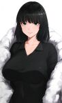  1girl bangs black_dress black_hair blunt_bangs breasts closed_mouth commentary_request dress eyebrows_visible_through_hair fubuki_(one-punch_man) fur_coat green_eyes highres large_breasts medium_hair one-punch_man senju_(snz0) smile taut_clothes taut_dress white_background 