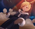  1girl alternate_costume bag bangs black_dress blonde_hair blurry blurry_background brown_gloves christmas collarbone commentary_request dragon_horns dress dutch_angle feet_out_of_frame flat_chest fog fur_trim gloves hair_between_eyes half-closed_eyes highres horn_ornament horn_ribbon horns kicchou_yachie looking_at_viewer looking_down nnyara red_eyes red_ribbon ribbon short_hair sleigh solo standing touhou 
