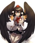  1girl black_hair black_wings chieezuik commentary_request eyebrows_visible_through_hair hair_between_eyes hat hauchiwa highres looking_at_viewer pom_pom_(clothes) puffy_short_sleeves puffy_sleeves red_eyes red_headwear shameimaru_aya short_hair short_sleeves simple_background sitting solo thighs tokin_hat touhou white_background wings 