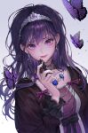  1girl bow bug butterfly chess_piece earrings gem highres insect jewelry king_(chess) long_hair long_sleeves looking_at_viewer medea_solon micha necklace purple_butterfly purple_hair smile solo tiara upper_body violet_eyes white_background your_throne 