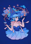  1girl artist_name bangs black_eyes blue_background blue_dress blue_hair breasts clouds constellation cropped_torso cup dress hands_up hat long_hair medium_breasts meyoco multicolored_hair original pink_ribbon ribbon simple_background sleeveless sleeveless_dress smile solo star_(symbol) strapless strapless_dress upper_body witch_hat 