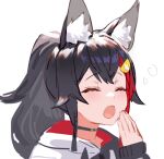  1girl alternate_costume animal_ear_fluff animal_ears bangs black_hair blush closed_eyes collar commentary_request hololive izumi_sai multicolored_hair official_alternate_costume ookami_mio open_mouth ponytail redhead simple_background streaked_hair two-tone_hair virtual_youtuber white_background wolf_ears yawning 