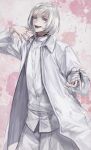  1boy :d absurdres akudama_drive bandaged_hand coat collar cutthroat_(akudama_drive) hand_up highres long_sleeves male_focus open_mouth pale_skin pants shiromo_ooo shirt short_hair simple_background smile standing violet_eyes white_coat white_hair white_pants white_shirt 