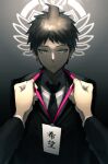  1boy ahoge arms_at_sides black_jacket black_neckwear black_suit brown_eyes brown_hair closed_mouth collared_shirt commentary_request dangan_ronpa_(series) dangan_ronpa_3_(anime) doggye_(zginrwsn) expressionless gradient gradient_background hinata_hajime holding id_card jacket long_sleeves male_focus necktie shirt short_hair solo_focus translation_request upper_body white_shirt 