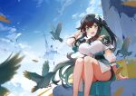  1girl above_clouds absurdres arm_support bangs bird black_hair blue_sky blush breasts chinese_commentary clouds cloudy_sky coat commentary_request dress english_commentary eyelashes feet_out_of_frame floating_island green_eyes green_hair hair_between_eyes hair_blowing hair_ornament hand_on_head highres large_breasts long_hair long_sleeves looking_at_viewer mixed-language_commentary multicolored_hair off-shoulder_dress off_shoulder open_mouth pcde2378 philia_(world_flipper) ruins see-through_sleeves sidelocks sitting sky solo thighs two-tone_hair white_coat white_dress world_flipper 