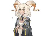  1girl animal_ears arknights baggy_clothes beeswax_(arknights) black_jacket collar dot_mouth eyebrows_visible_through_hair goat_ears goat_horns hands_up horns infection_monitor_(arknights) jacket medium_hair mikojin open_clothes open_jacket shirt simple_background solo upper_body white_background white_hair white_shirt yellow_eyes 