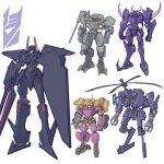  1girl 4boys beast_machines blackshadow bludgeon claws clenched_hands decepticon english_commentary galvatron genderswap genderswap_(mtf) holding holding_sword holding_weapon insignia mecha multiple_boys no_humans obsidian_(transformers) propeller red_eyes redesign standing strika sword theamazingspino transformers violet_eyes weapon 