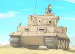  1girl absurdres artist_request brown_eyes brown_hair caterpillar_tracks clouds commentary_request day emblem girls_und_panzer ground_vehicle hat highres kuromorimine_(emblem) kuromorimine_military_uniform military military_hat military_vehicle motor_vehicle nishizumi_maho short_hair sky smoke solo tank tiger_i 