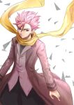  1boy brown_eyes coat grey_vest id_:invaded long_sleeves looking_at_viewer male_focus pink_hair scarf shio_robin simple_background spiky_hair standing vest white_background yellow_scarf 