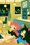  2girls animal_ears animal_print black_dress black_eyes blue_bow blue_dress blush bow brooch brown_hair cake cake_slice capelet cat_print chair closed_eyes cup dress drinking eyebrows_visible_through_hair food fork hair_bow holding holding_cup imaizumi_kagerou jewelry long_hair looking_at_another mug multiple_girls open_mouth pancake plant plate potted_plant red_capelet redhead sekibanki shinonoko sitting table touhou wolf_ears 