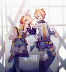  1boy 1girl adapted_costume arm_rest badge belt black_legwear black_shorts blonde_hair blue_eyes bow commentary crop_top feet_out_of_frame hair_bow hair_ornament hairclip headphones headset holding holding_microphone kagamine_len kagamine_rin kurotero leaning_back leg_up leg_warmers looking_at_viewer looking_back microphone necktie open_mouth shirt shorts signature smile spiky_hair vocaloid white_bow white_shirt yellow_collar yellow_neckwear 